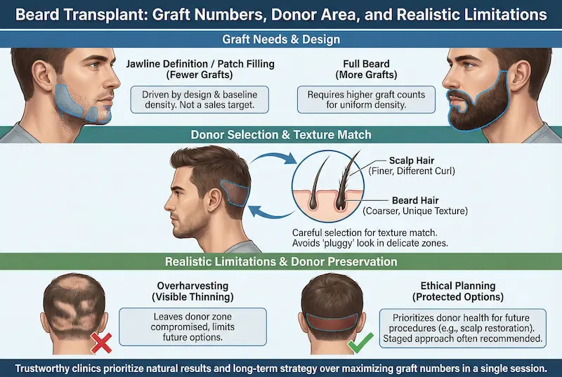 Infographic explaining beard transplant graft numbers, donor area selection, and realistic limitations, comparing jawline definition versus full beard and emphasizing donor preservation.