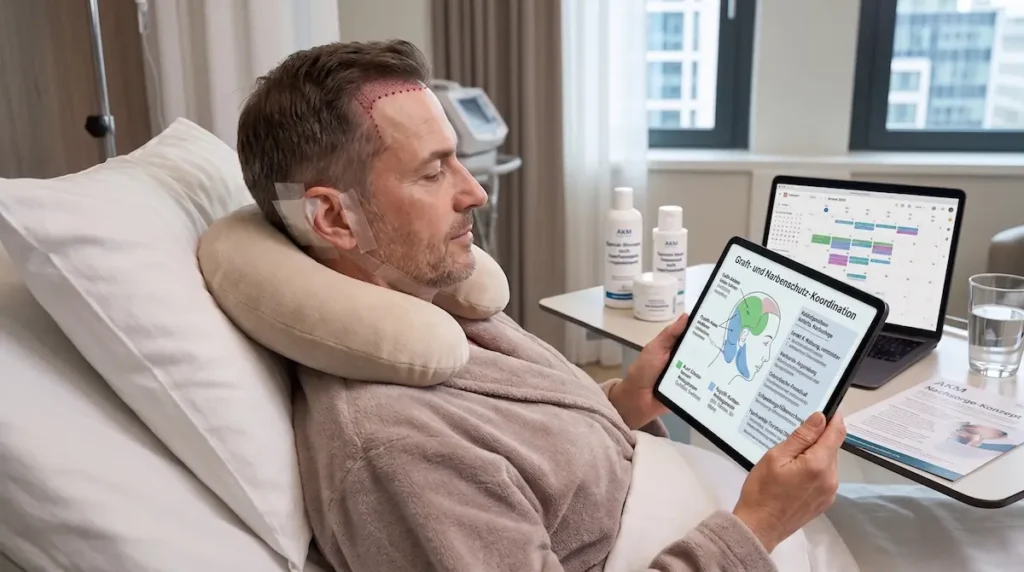 Haartransplantation Facelift Kombination bei einem Patienten mit markierten Graft- und Facelift-Zonen sowie digitalem Nachsorgeplan.