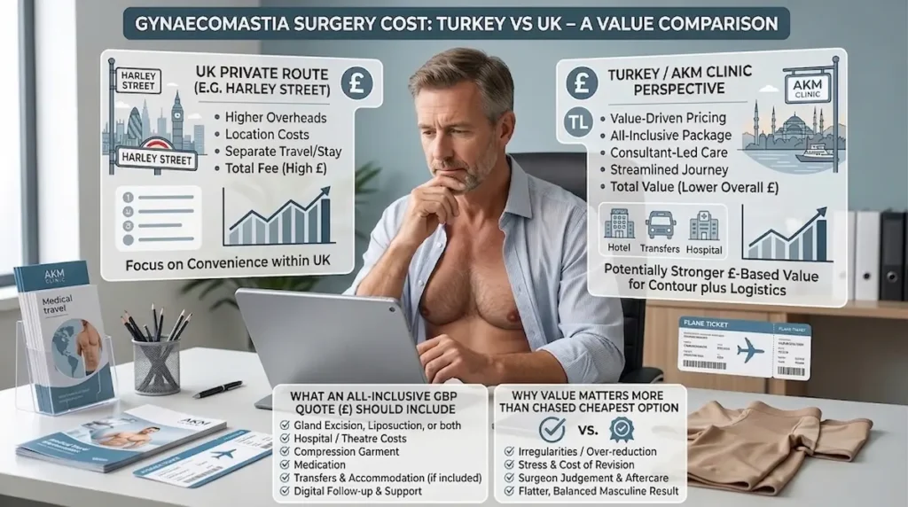 Infographic for gynaecomastia surgery Turkey comparing UK private clinic costs with Turkey pricing, all-inclusive value, and consultant-led care.