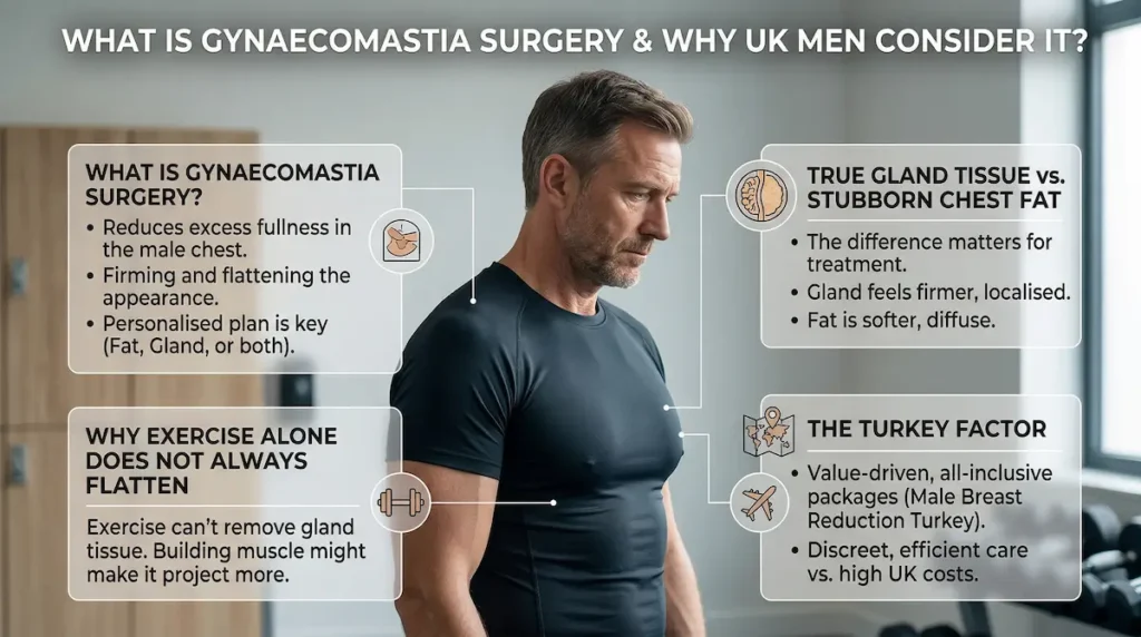 Infographic about gynaecomastia surgery Turkey explaining gland tissue vs chest fat, exercise limits, and why UK men consider treatment in Turkey.