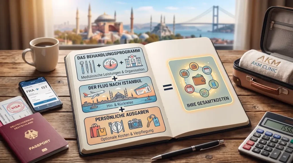 Haartransplantation Türkei Gesamtkosten als Formel aus Behandlungsprogramm, Flug nach Istanbul und persönlichen Ausgaben.