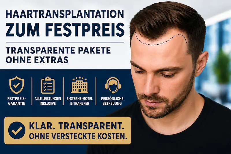 Haartransplantation Festpreis mit transparentem Paket, Hotel, Transfer, Leistungen und persönlicher Betreuung.