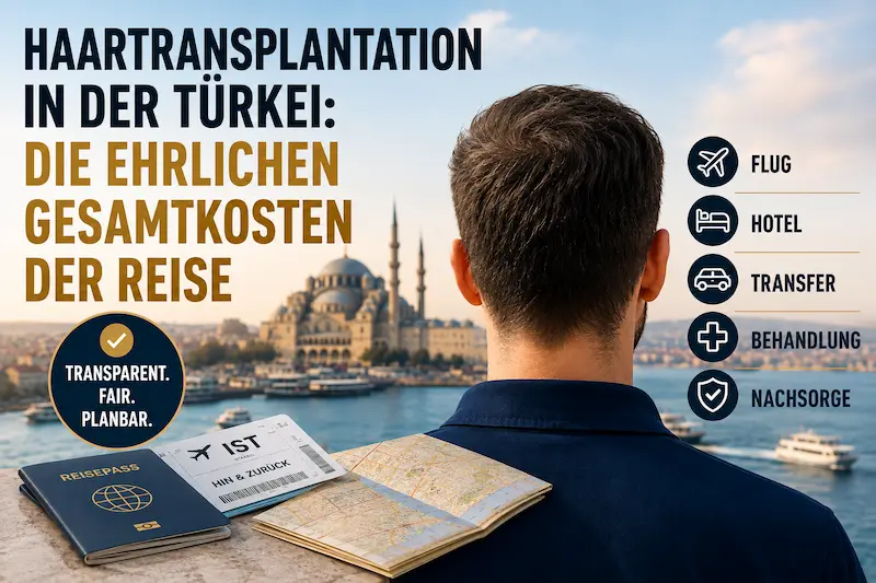 Haartransplantation Türkei Gesamtkosten mit Flug, Hotel, Transfer, Behandlung und Nachsorge für eine Reise nach Istanbul.