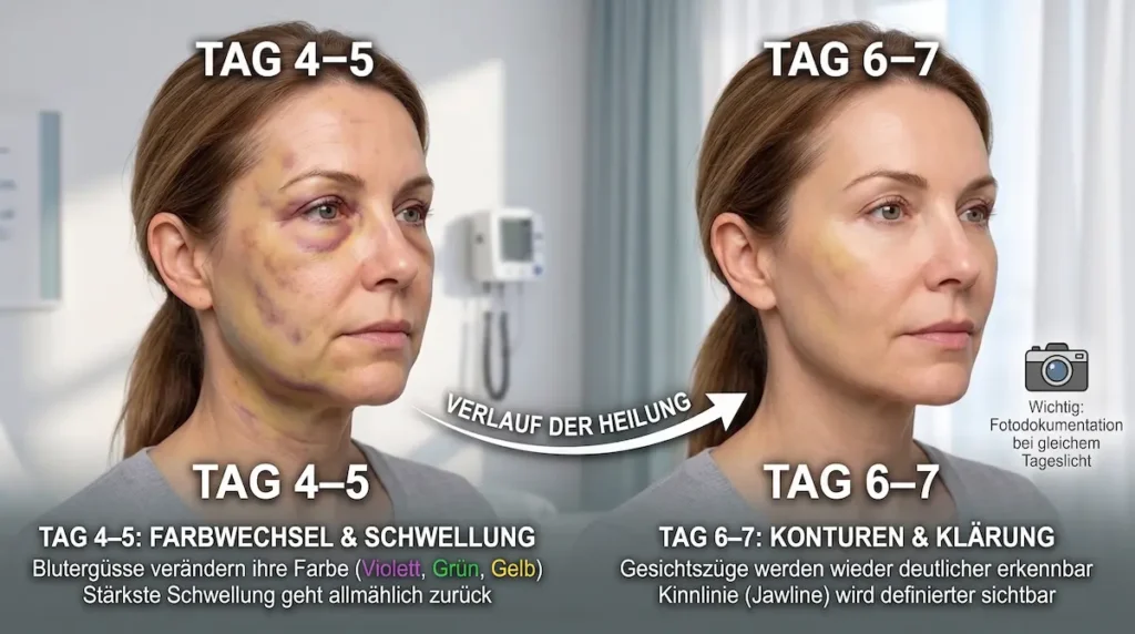 Deep Plane Facelift Heilung Tag für Tag: Vergleich von Tag 4–5 und Tag 6–7 mit Hämatomen, Schwellung und klareren Konturen.