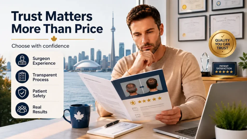 Best hair transplant clinics fixed price trust graphic showing a Canadian patient reviewing clinic safety, surgeon experience and real results.