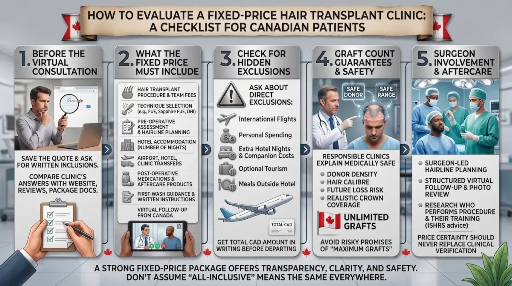 Best hair transplant clinics fixed price checklist showing package inclusions, hidden exclusions and graft count safety.