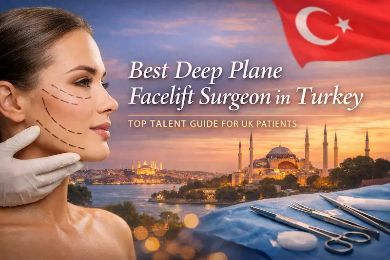 Best deep plane facelift surgeon in Turkey cover image showing a female patient with facelift markings and the Istanbul skyline at sunset.