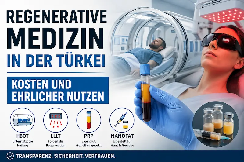 Regenerative Medizin Kosten Türkei: Vergleich von HBOT, LLLT, PRP und Nanofat mit Fokus auf Kosten, Nutzen und regenerative Behandlungsverfahren.