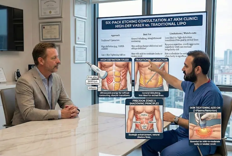 High-def VASER vs. traditional lipo consultation at AKM Clinic showing a doctor explaining six-pack etching options with abdominal diagrams and skin tightening add-on.