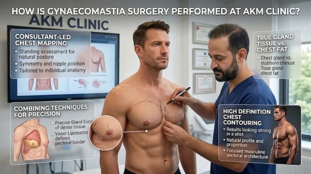 Clinical image for gynaecomastia surgery Turkey showing consultant-led chest mapping, gland assessment and male chest contour planning at AKM Clinic