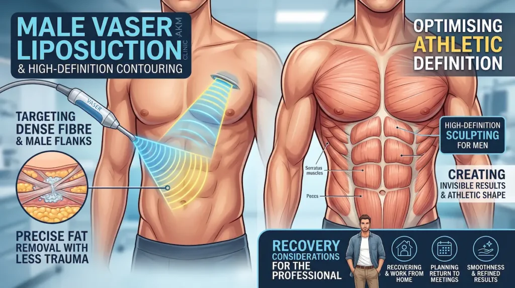 Male liposuction Turkey illustration showing VASER technology targeting dense fibre and male flanks for athletic definition.