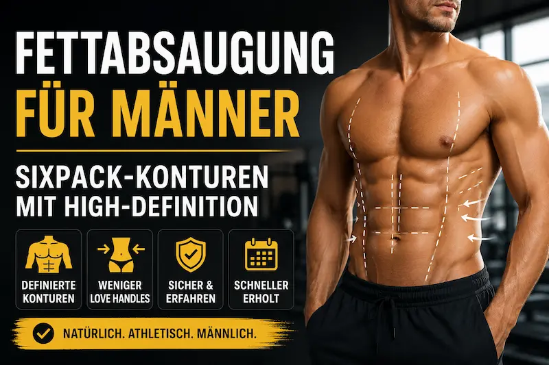 Muskeldefinierter Männeroberkörper mit markierten Sixpack-Zonen zur High-Definition-Liposuktion – fettabsaugung männer türkei