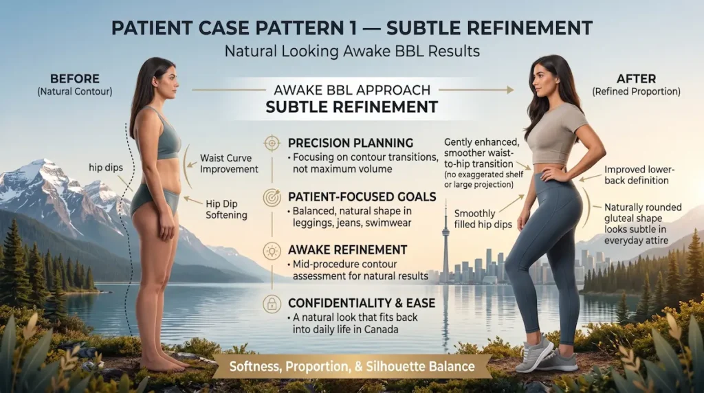 Natural looking awake BBL results case pattern showing subtle hip dip correction and refined body proportion.
