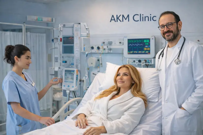 The hospital experience a class accreditation: akm clinic hospital room with patient monitoring, nurse support, and dr. akif in white coat with stethoscope