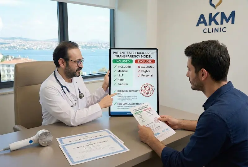Doctor consultation at AKM Clinic explaining a patient-safe fixed-price transparency model with included vs excluded items and a “no hidden fees” checklist.