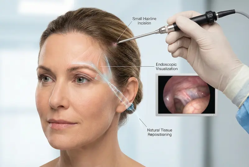 How endoscopic surgery changes the upper face illustration showing a small hairline incision, endoscopic visualization, and natural tissue repositioning for brow and forehead.