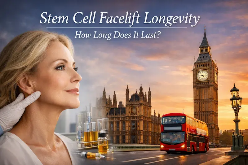 Cover image for stem cell facelift longevity, showing a rejuvenated woman, clinical details and a London backdrop.