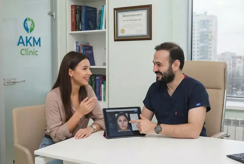 Surgeon consulting with a patient and reviewing facial before-and-after analysis to help avoid a botched result