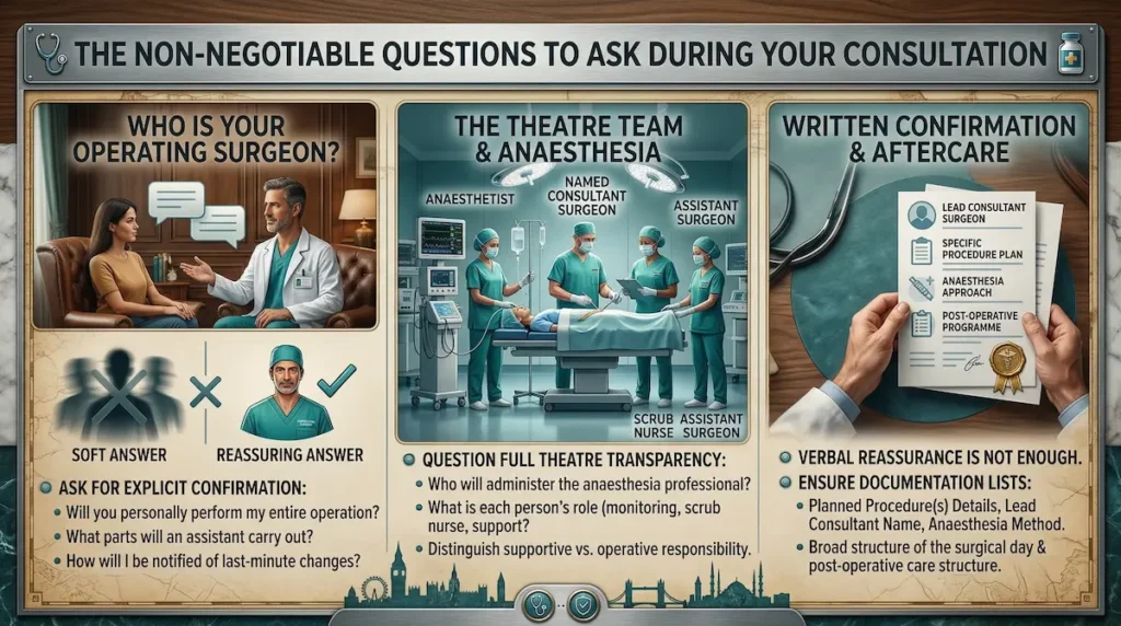 Infographic about ghost surgery in Turkey showing key consultation questions on surgeon identity, theatre team, anaesthesia and written confirmation for UK patients
