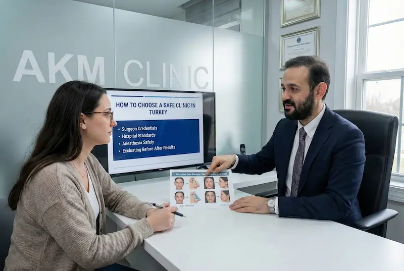 Doctor consulting a patient about how to choose a safe clinic in Turkey for rhinoplasty, reviewing before-and-after results and safety checklist at AKM Clinic.