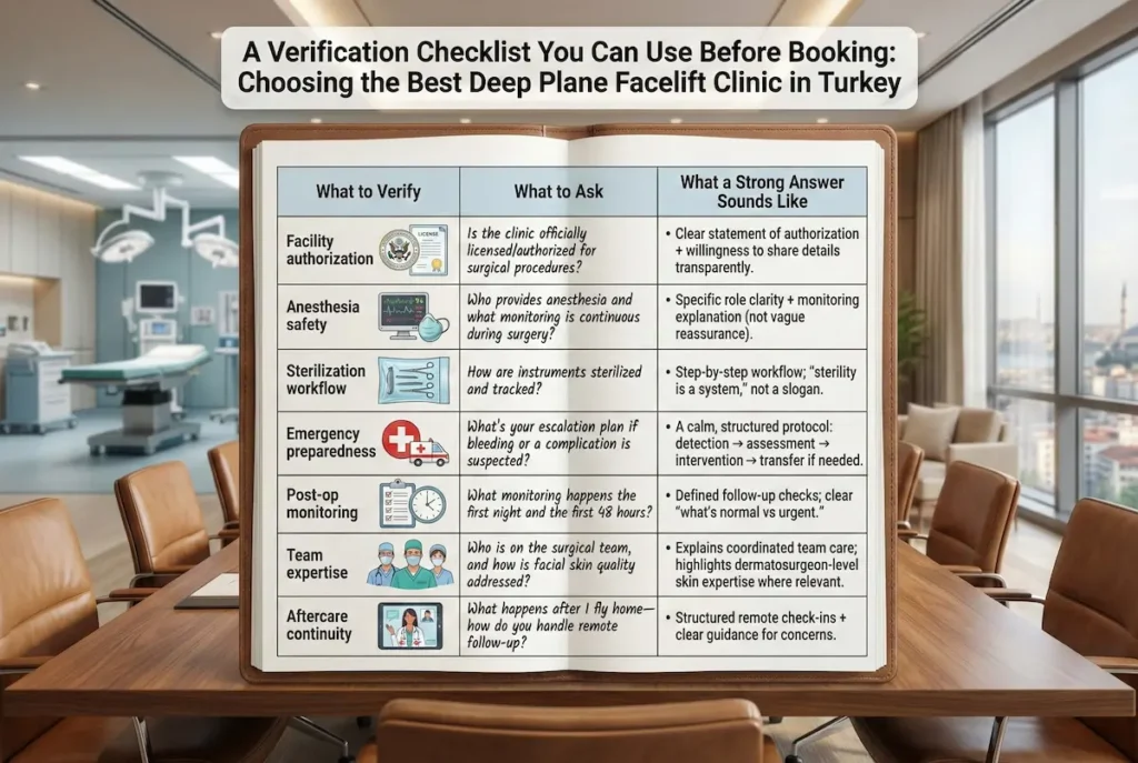Checklist table showing how to choose the best deep plane facelift clinic in Turkey, covering facility authorization, anesthesia safety, sterilization, emergency readiness, post-op monitoring, team expertise, and aftercare continuity.