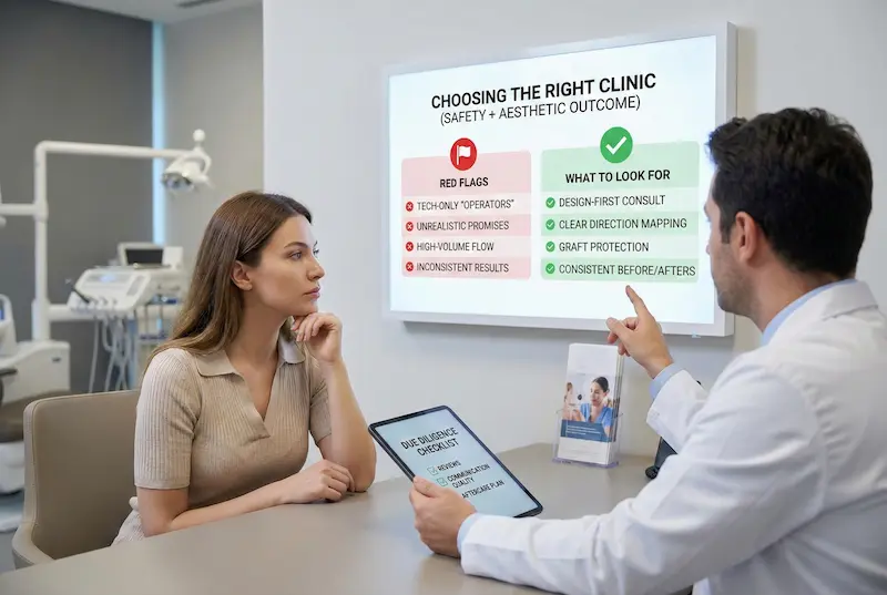 Doctor consultation showing how to choose the right clinic in Turkey for safety and aesthetic outcome, with a screen listing red flags and what to look for.