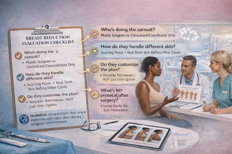 Clinic evaluation checklist infographic for Black women considering breast reduction, showing consult questions about surgeon-led care, dark-skin scar planning, customized techniques, and long-term scar maturation protocol.