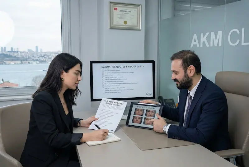 Patient consultation scene showing how to evaluate SMAS facelift quotes like an expert, reviewing a checklist for hidden costs, surgeon details, and before-and-after results at AKM Clinic.