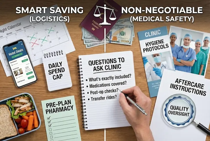 Split desk layout showing smart saving logistics versus non-negotiable medical safety for a Turkey hair transplant trip, with checklist questions, hygiene protocols, and aftercare instructions.