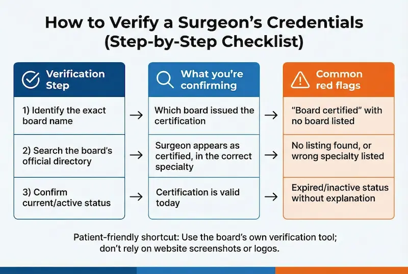 How to verify a surgeon’s credentials step-by-step checklist showing board certification verification, what you’re confirming, and common red flags