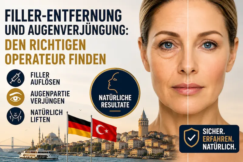 Symbolische Vorher-Nachher-Darstellung zu filler entfernung augen mini facelift mit Hyaluronidase und natürlicher Augenverjüngung.