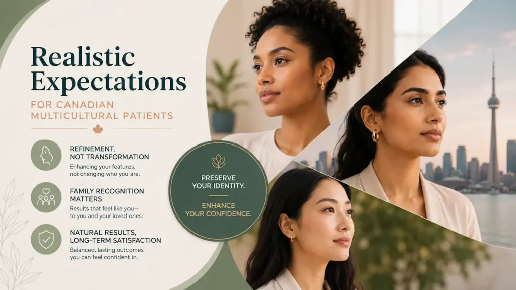 Ethnic rhinoplasty Turkey visual showing realistic expectations for diverse Canadian patients and natural identity preserving results.
