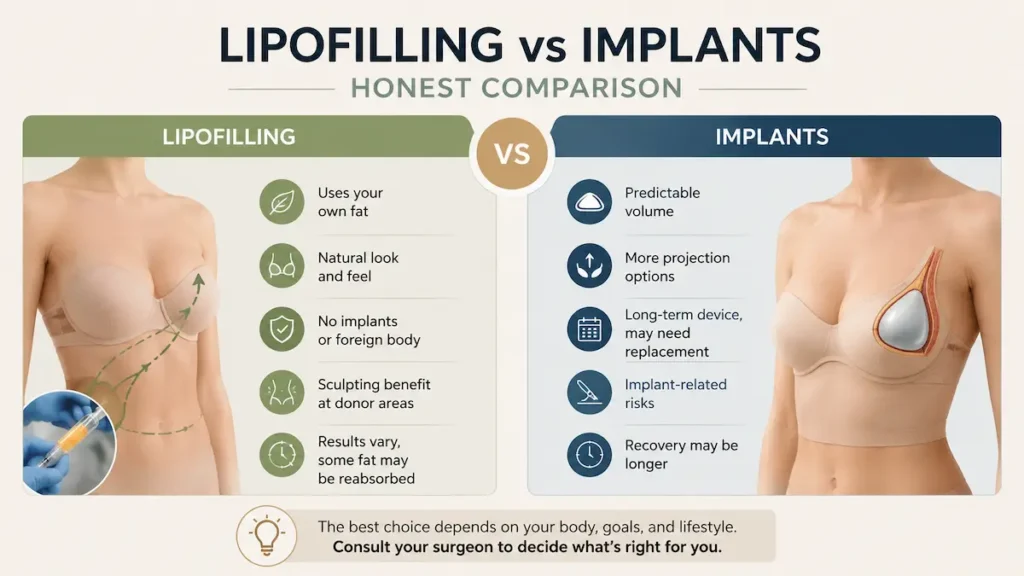 Lipofilling breast Turkey comparison infographic showing implant free breast augmentation versus breast implants.