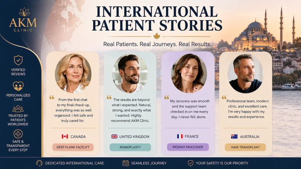 AKM Clinic reviews image showing international patient stories, verified reviews, trusted worldwide care, and natural procedure results in Istanbul.
