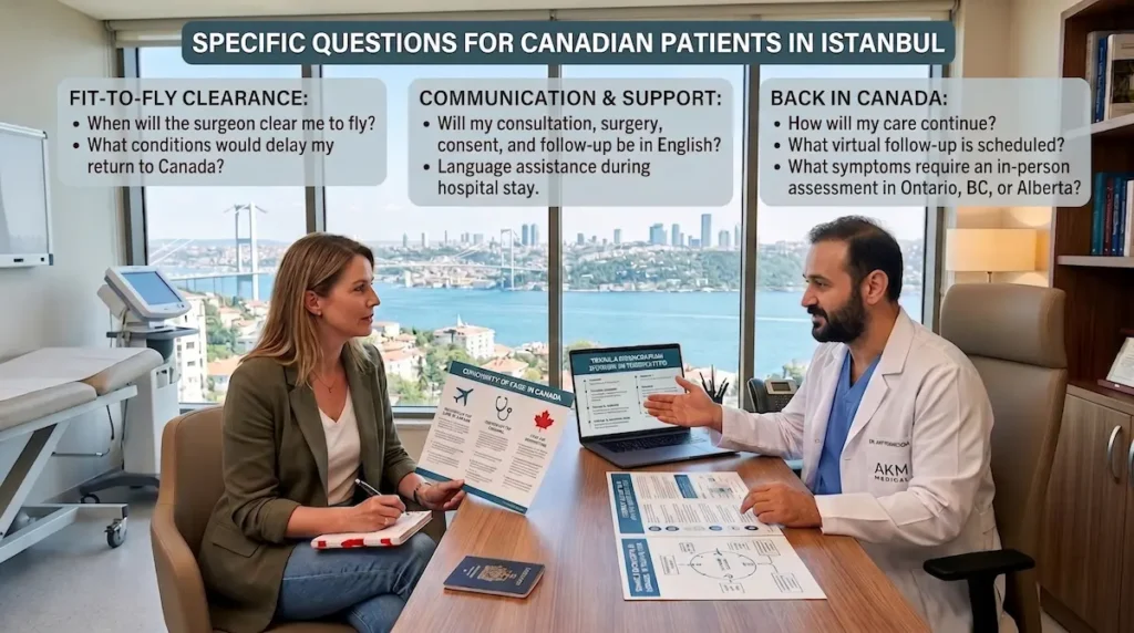 Doctor reviews questions to ask plastic surgeon with a Canadian patient about fit-to-fly clearance and follow-up care after returning to Canada.