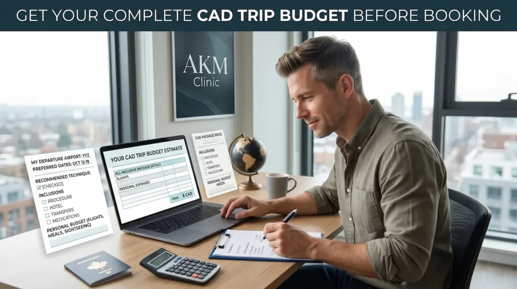 Canadian patient reviews a CAD estimate for the total cost of a Turkey trip for hair transplant before booking.