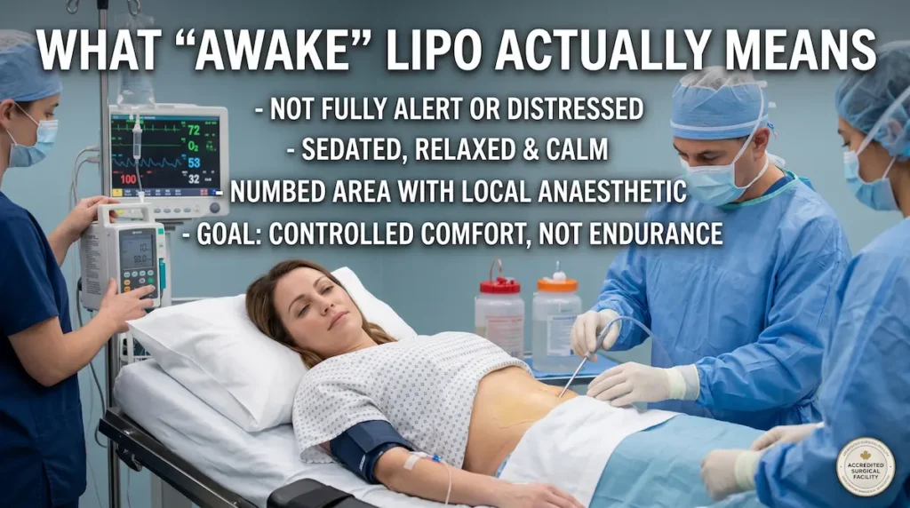 Awake lipo Turkey patient relaxed under IV sedation during local anesthesia liposuction with clinical monitoring.