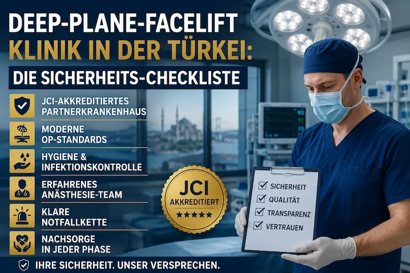 Deep Plane Facelift Klinik Türkei: Sicherheits-Checkliste mit JCI-Akkreditierung, OP-Standards, Hygiene und Nachsorge.