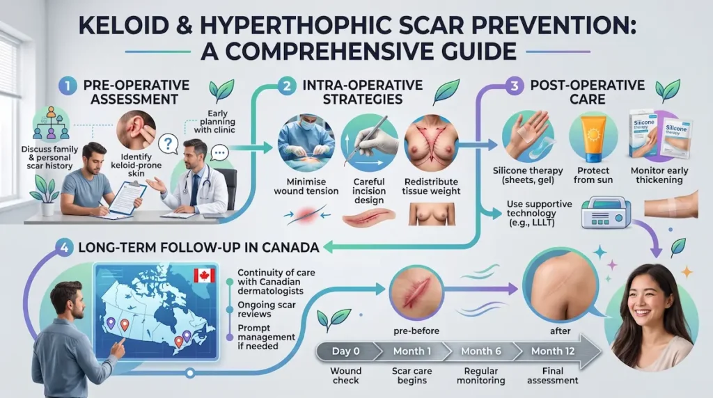 Breast reduction before and after black women infographic showing keloid and hypertrophic scar prevention steps from assessment to long term follow up in Canada.