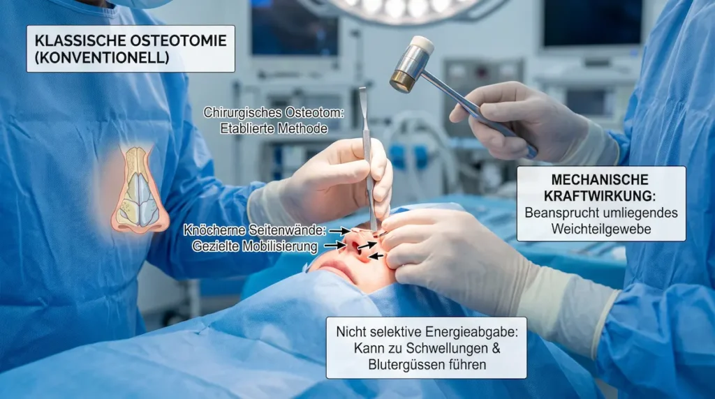 Piezo Nasenkorrektur Türkei – Vergleichsbild einer klassischen Osteotomie mit Osteotom und Hammer am Nasenknochen.