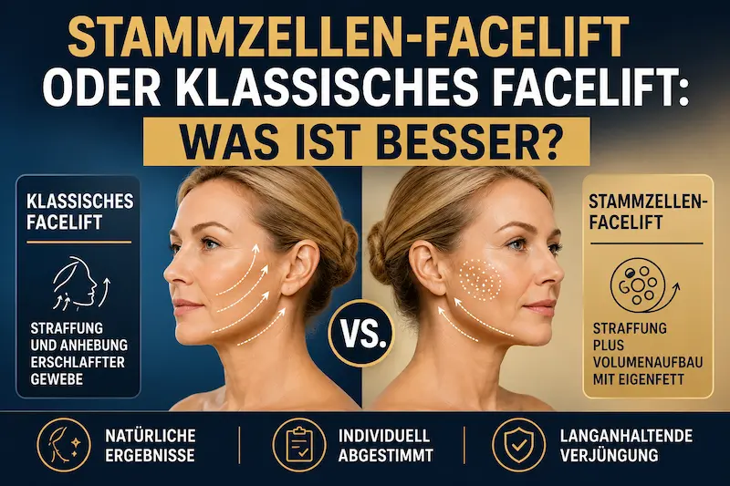 Infografik zum Stammzellen Facelift Vergleich: klassisches Facelift und Hybridansatz mit Eigenfett für Straffung und Volumenaufbau.