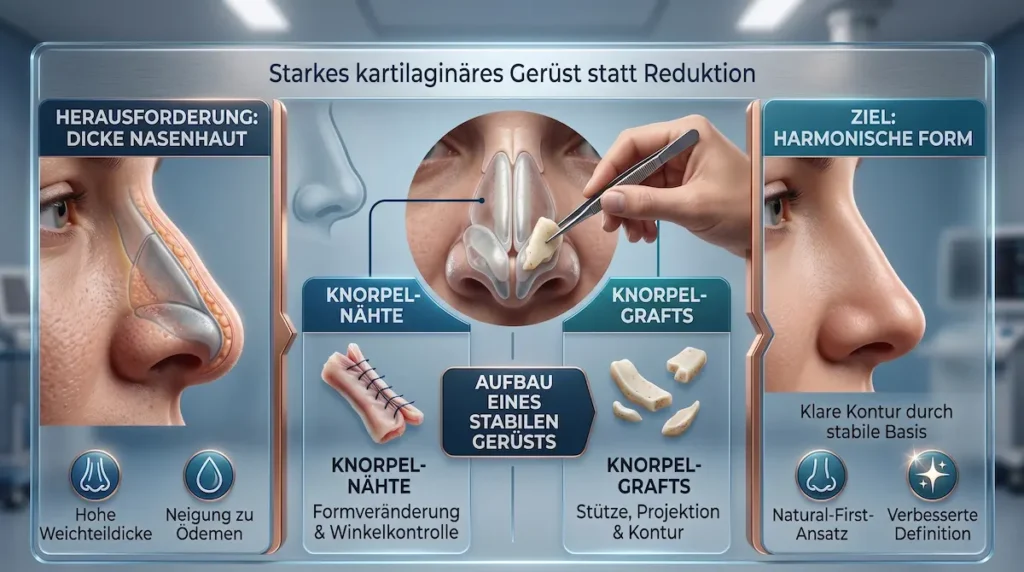 Infografik zu „nasen op dicke haut“ mit Knorpelnähten und Grafts für ein stabiles Knorpelgerüst und bessere Spitzendefinition.