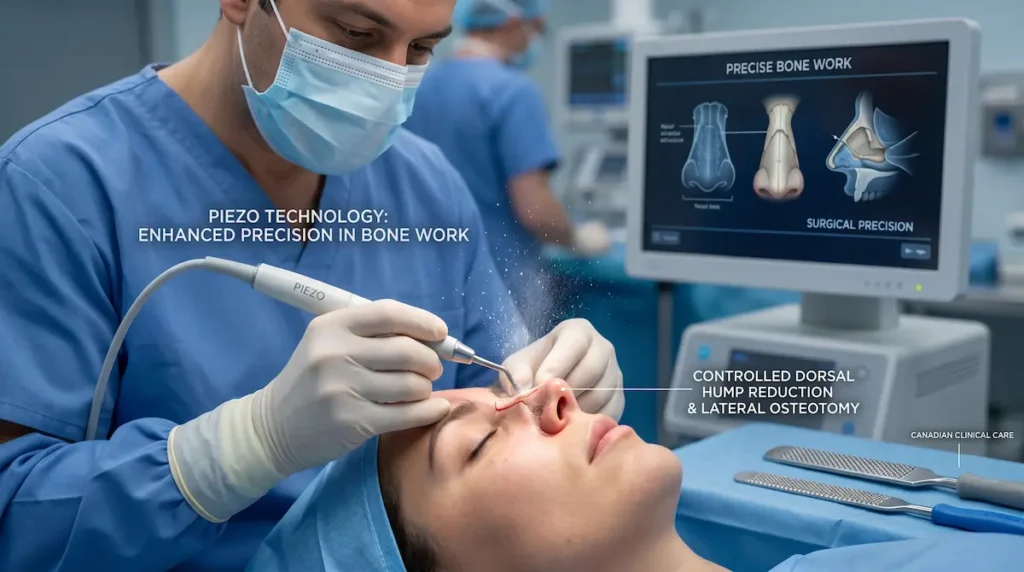 Piezo rhinoplasty Turkey image showing ultrasonic technology used for lateral osteotomy, dorsal hump reduction, and precise nasal bone work.