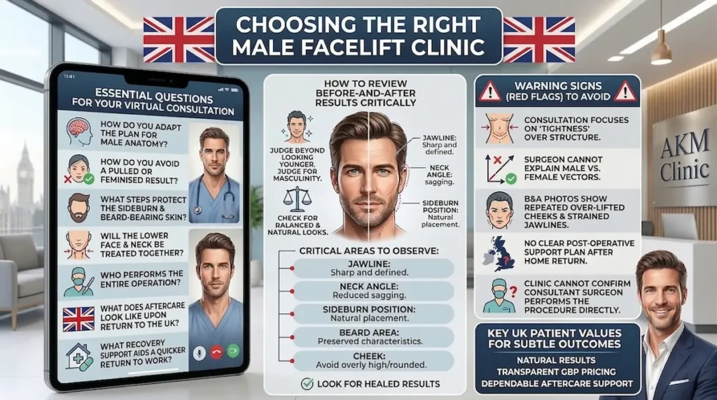 Infographic on male facelift techniques for UK patients, showing clinic selection questions, red flags, and result checks.