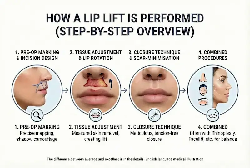 Lip Lift step-by-step infographic showing pre-op marking, tissue adjustment, closure for scar minimisation and optional combined procedures.