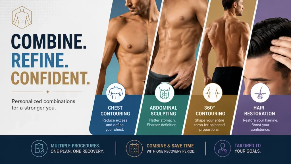 Male liposuction Turkey infographic showing combined chest contouring, abdominal sculpting, Lipo 360, and hair restoration options.