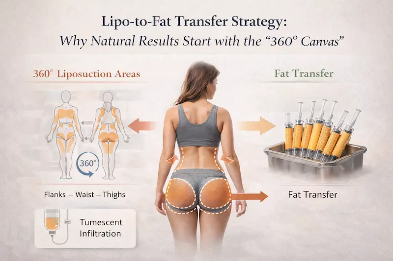 Infographic showing 360° liposuction areas (flanks, waist, thighs) and fat transfer flow for natural-looking BBL contour.