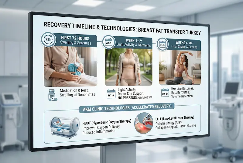 Recovery timeline infographic for breast fat transfer in Turkey showing key phases (first 72 hours, week 1–2, weeks 4–8+) plus HBOT and LLLT technologies for accelerated healing.