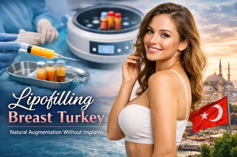 Breast lipofilling in Turkey: fat harvested from the abdomen and flanks, purified, then micro-injected for natural breast volume without implants.