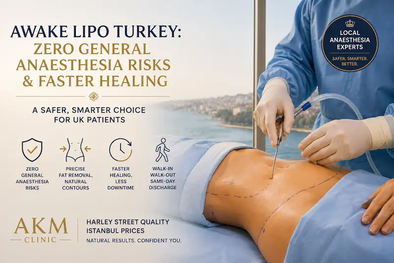 Awake lipo Turkey cover image showing abdominal liposuction under local anaesthesia in a modern clinic setting.